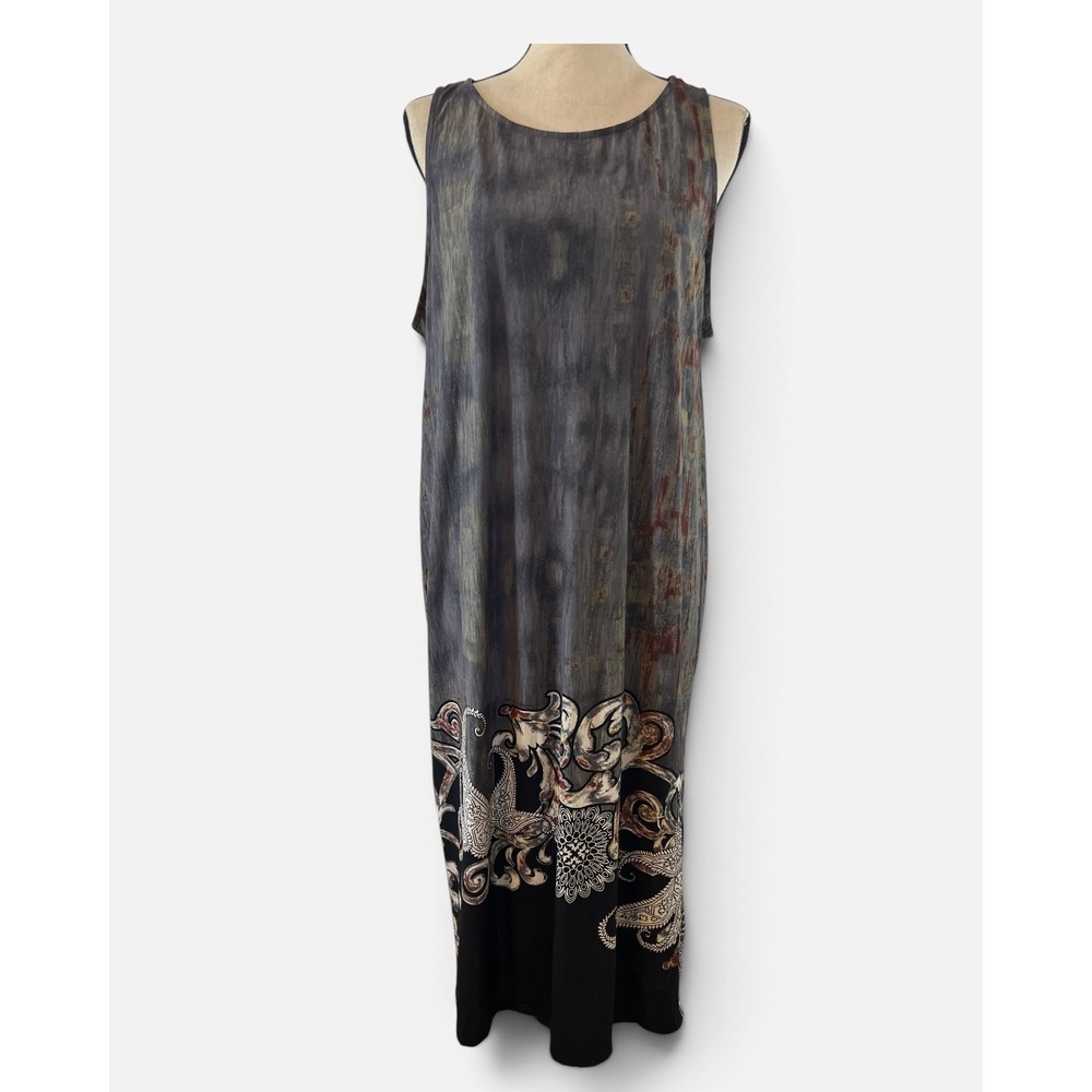 Emerald USA Womens 1X Sleeveless Maxi Dress Grey Paisley Border Print ETD-531